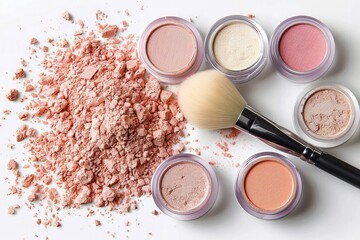 Flat lay collection of makeup powders in shades of pink, peach, and beige with a soft makeup brush. Powders are scattered and blended on a white background. Beauty industry, cosmetic products