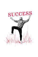 Vertical photo collage of happy old man dance success career development aim achievement progress isolated on painted background