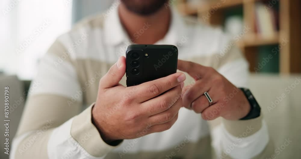 Poster hands, scroll and man with phone for communication, social media and internet connection on home sof