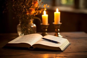 Neatly arranged desk with books, notebook, and pen in gentle lighting for a serene workspace