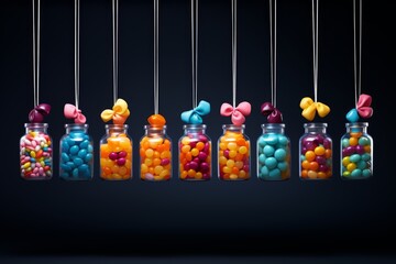 Fototapeta premium Colorful happy birthday flags hanging on rope against blue background with yellow candy