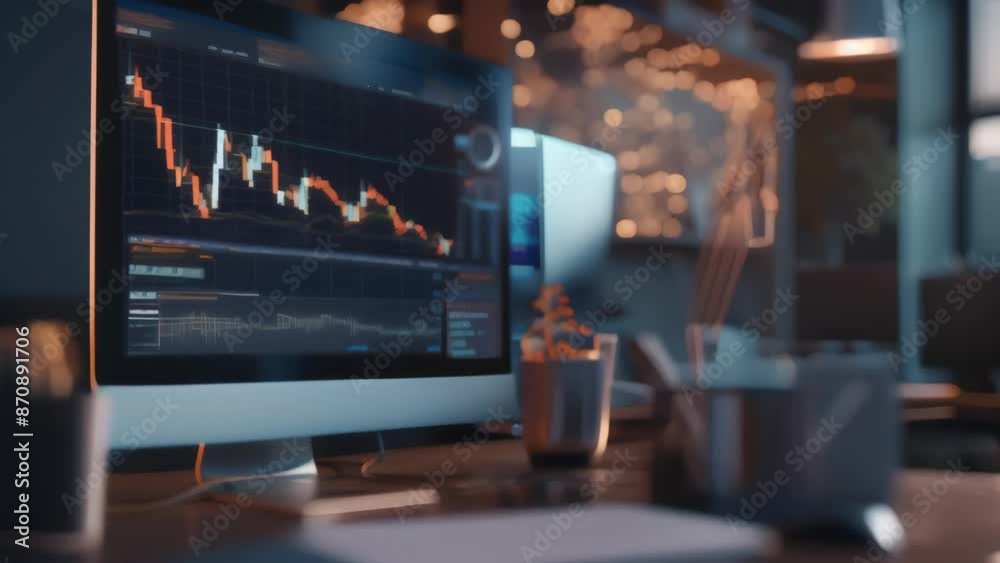 Poster Modern trading desk with computer displaying stock market charts in a dimly lit office. Cozy workspace with office supplies and ambient lighting. Concept of financial analysis 