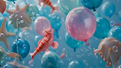 Various balloons shaped like fish and starfish float in a whimsical scene, surrounded by blue and pink bubbles. The pastel colors create a dreamy, underwater atmosphere.