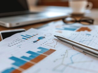 Office desk with financial charts, documents, pen, laptop, and coffee, illustrating business analysis and financial planning.