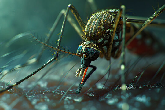 Close-up macro photo of a  mosquito biting a human