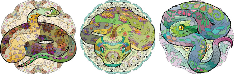 Zentangle snakes. Hand drawn decorative vector illustration.