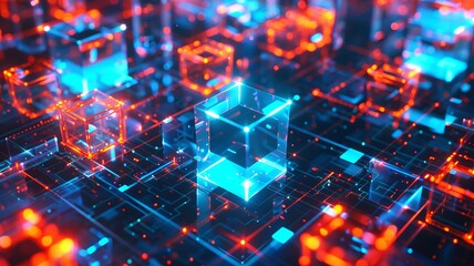 Fototapeta premium Futuristic Digital Cube Network with Neon Lights