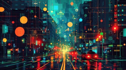 Obraz premium Futuristic city street at night with neon lights and glowing technology overlays.