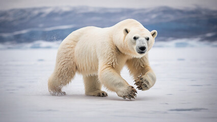 A stunning white polar bear, with its fluffy coat and piercing blue eyes.