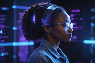 Side shot of young black african american woman it specialist wearing glasses analyzing data
