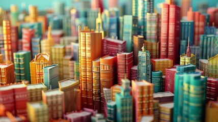 Obraz premium Colorful Miniature Cityscape Composed of Stacked Books in Daylight