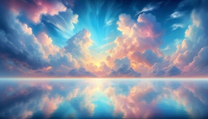 sky filled with lots of clouds over a body of water, luminous sky heaven background, prismatic cumulus clouds, atmospheric dreamscape painting, background wallpaper generative ai
