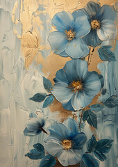flowers, gold and blue oil painting with thick brush strokes