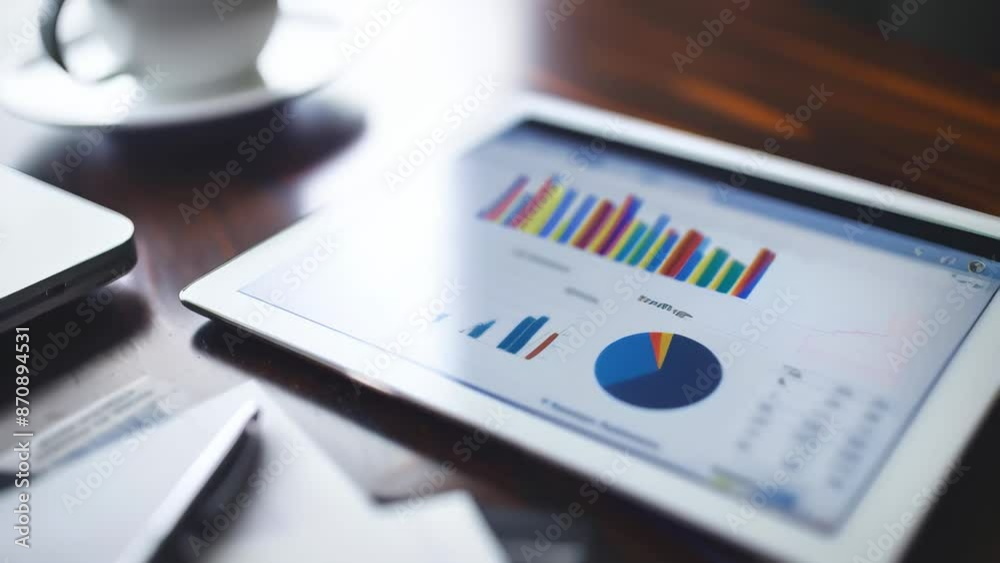 Poster Digital tablet displaying financial charts and graphs on a wooden desk. Business analytics and data visualization tools. Concept of financial analysis and business intelligence
