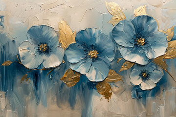 flowers, gold and blue oil painting with thick brush strokes