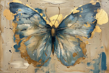 butterfly, gold and blue oil painting with thick brush strokes