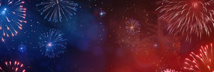 Colorful fireworks with red and blue lighting the night.