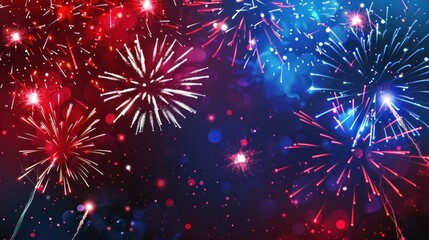 Fototapeta premium Burst of vibrant red and blue fireworks in dark sky.