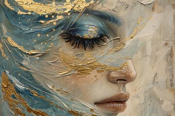 fairy, gold and blue oil painting with thick brush strokes