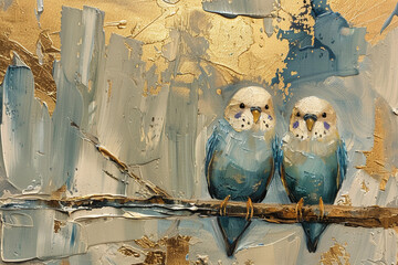 budgies, gold and blue oil painting with thick brush strokes