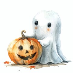Cute watercolor illustration of a friendly ghost with a pumpkin. Perfect for Halloween or autumn-themed projects.
