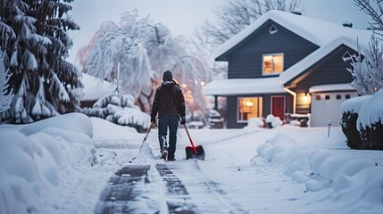 clearing snow on road. man with a snow shovel to clear a driveway on cold winter day