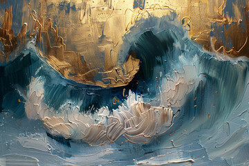 abstract waves, gold and blue oil painting with thick brush strokes