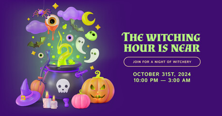 3d Happy Halloween Witching Hours is Near Concept Ads Banner Poster Card Template. Vector illustration of Witch Cauldron or Pot, Hat and Broom