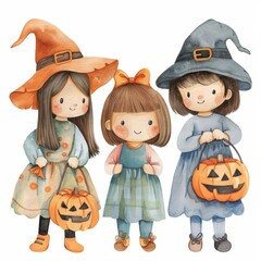 Three cute little girls dressed as witches for Halloween, white background