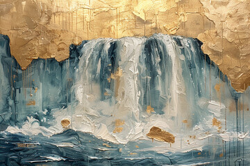 waterfall, gold and blue oil painting with thick brush strokes