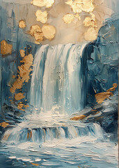 waterfall, gold and blue oil painting with thick brush strokes