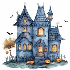 A cartoon haunted house with bats flying around it, Halloween, white background