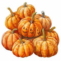 Fototapeta premium A stack of pumpkins of various sizes with happy faces carved into them, Halloween, white background