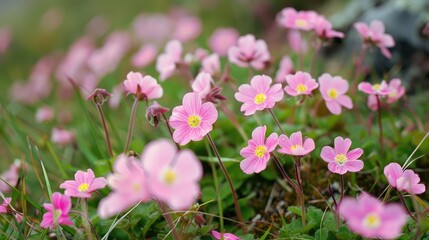 Fototapeta premium Pink wild primrose flowers in full bloom photographed up close