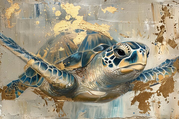 turtle, gold and blue oil painting with thick brush strokes