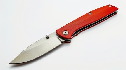Red pocket folding knife opened in isolation on a white background