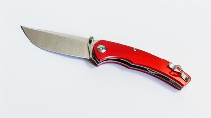 Red pocket folding knife opened in isolation on a white background