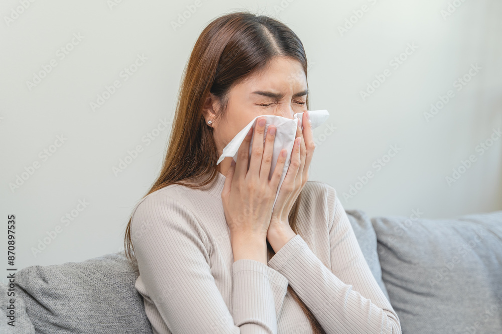 Wall mural female unhealthy sickness, asian young woman, girl unwell and coughing, have cold, sore throat isola