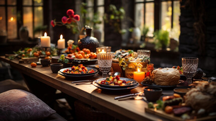 Beautifully cozy decorated long wooden table for the autumn holiday, Thanksgiving