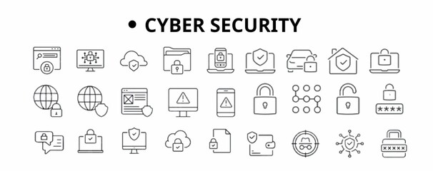 Cyber Security editable stroke outline icons set.