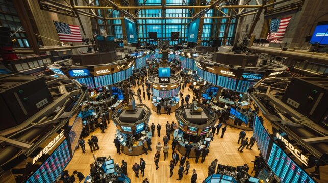 Stock traders working on a busy trading floor with digital screens displaying market data and stock prices.