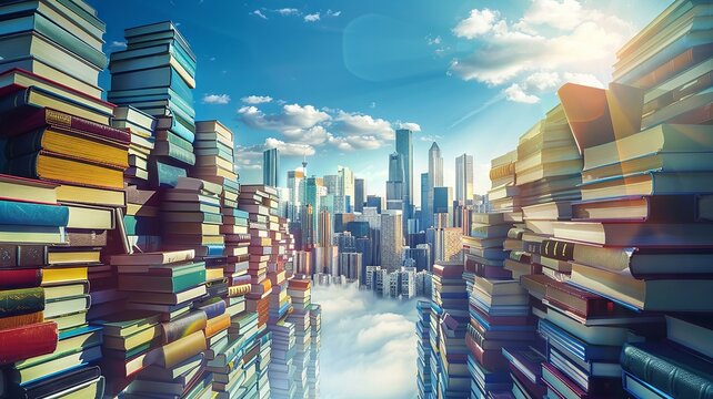 Towering Skyscrapers and Book Stacks under a Bright Blue Sky