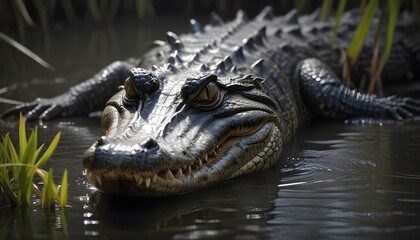 Fototapeta premium In the murky waters a formidable crocodile lurks and its sinister gaze fixed on its surroundings with sharp focus