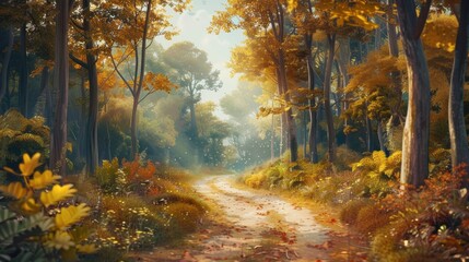 Path way through the autumnal forest natural way, Digital painting, Anime style.