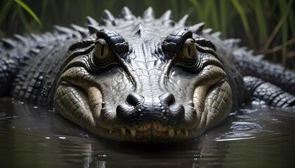 Obraz premium In the murky waters a formidable crocodile lurks and its sinister gaze fixed on its surroundings with sharp focus