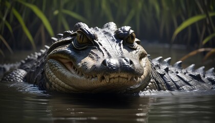 Obraz premium In the murky waters a formidable crocodile lurks and its sinister gaze fixed on its surroundings with sharp focus
