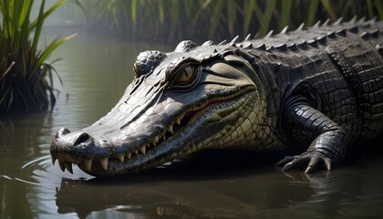 Obraz premium In the murky waters a formidable crocodile lurks and its sinister gaze fixed on its surroundings with sharp focus