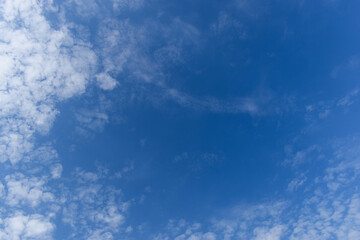 beautiful blue sky and white fluffy group of clouds with sunrise in the morning, natural background
