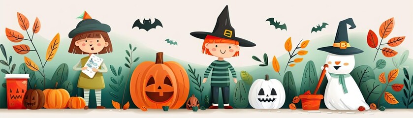 Fototapeta premium Festive Halloween scene with kids in costumes, pumpkins, and bats; cheerful and playful atmosphere