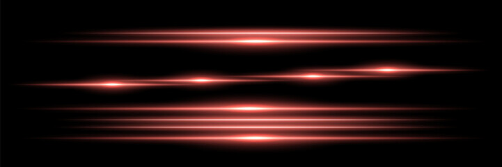 Red horizontal lens flares pack. Laser beams, horizontal light rays. Beautiful light flares. Glowing streaks on dark background. Luminous abstract sparkling lined background